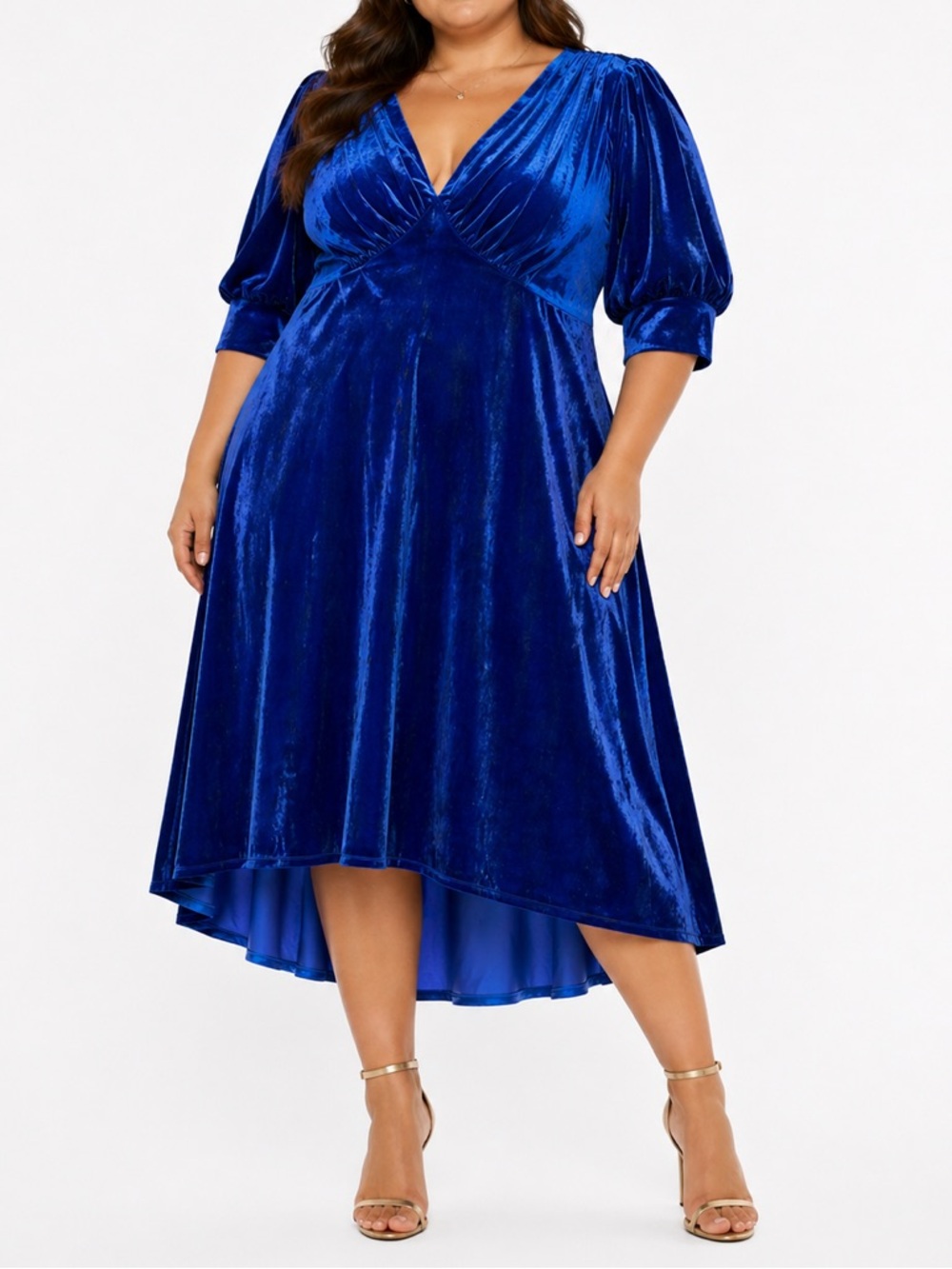Elegant Blue Velvet V-Neck Midi Dress